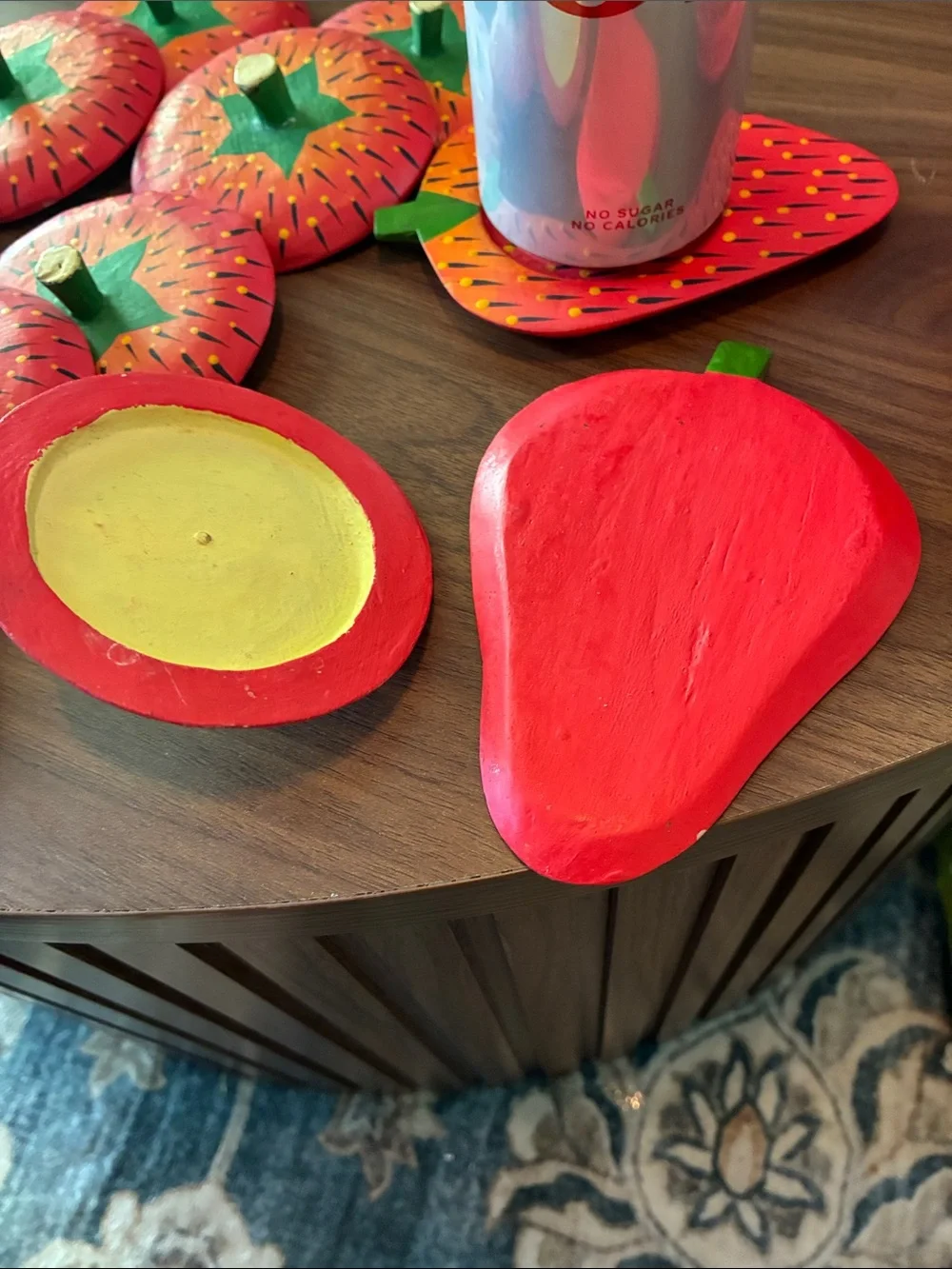 Red Wooden Strawberry vintage Coasters with lid Green Tops, 10 pc -  Party Set